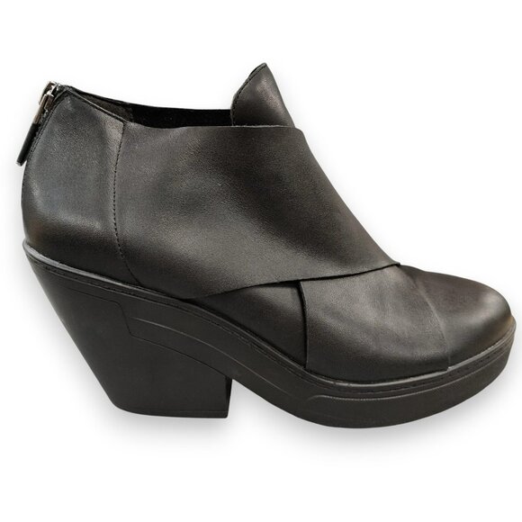 EILEEN FISHER Cosmos Booties Ankle Boots Chunky Heel Crisscross Black Leather 8 - Picture 1 of 16